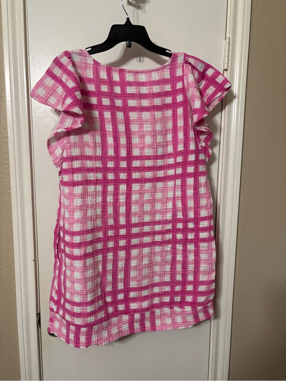 Cato Pink and White Plaid V-Neck Dress with Flutter Sleeves XL - Picture 2 of 6
